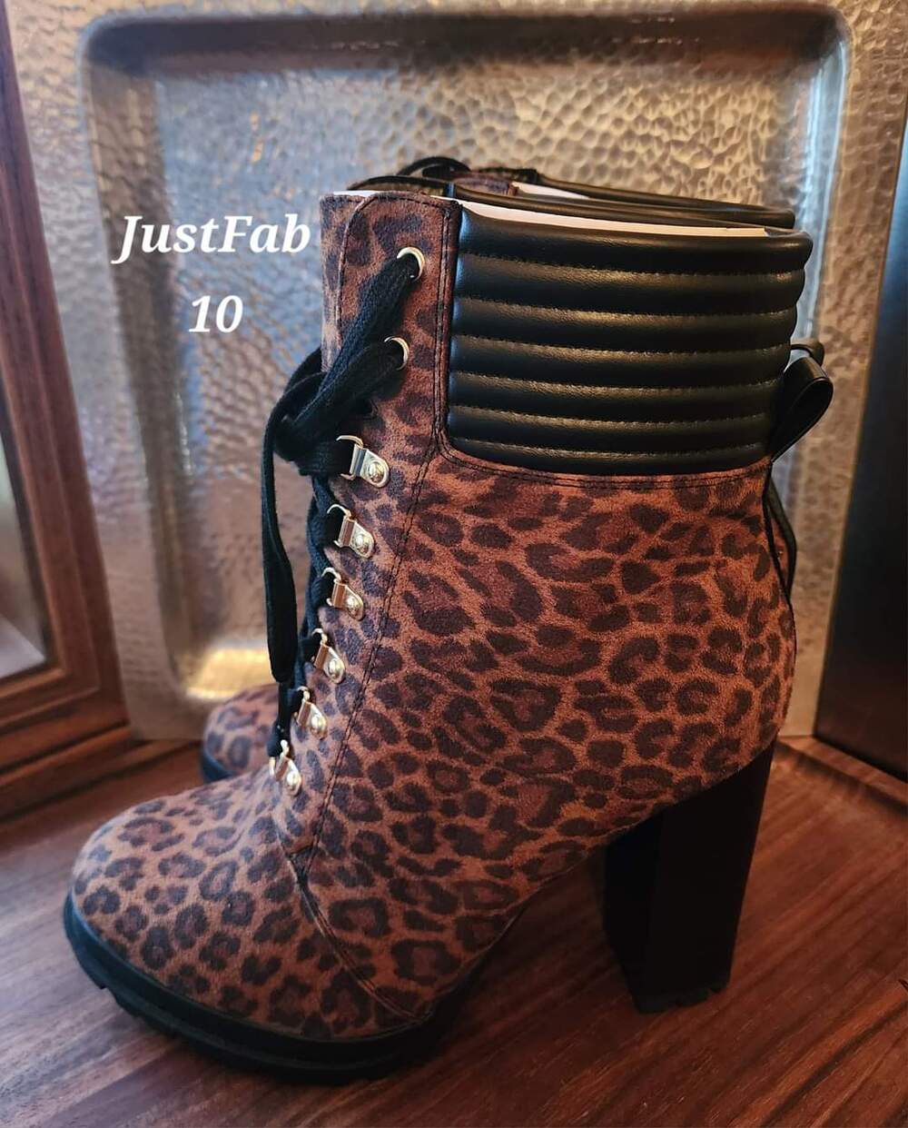 JustFab Edgy Chic Feminine Bold‎ Shandee Animal Print Chunky Heeled Boots